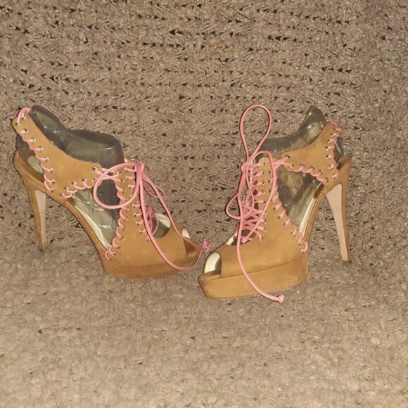 Vintage BRIAN ATWOOD-BITCHIN-Tan Nubuck/Pink Laces-Corset Style-Stilettos-Sz 37 - Picture 1 of 8